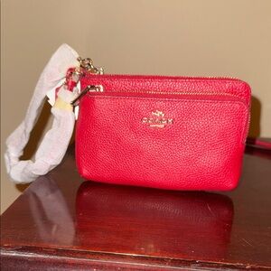 Coach Vibrant Red Wristlet with Gold Accents